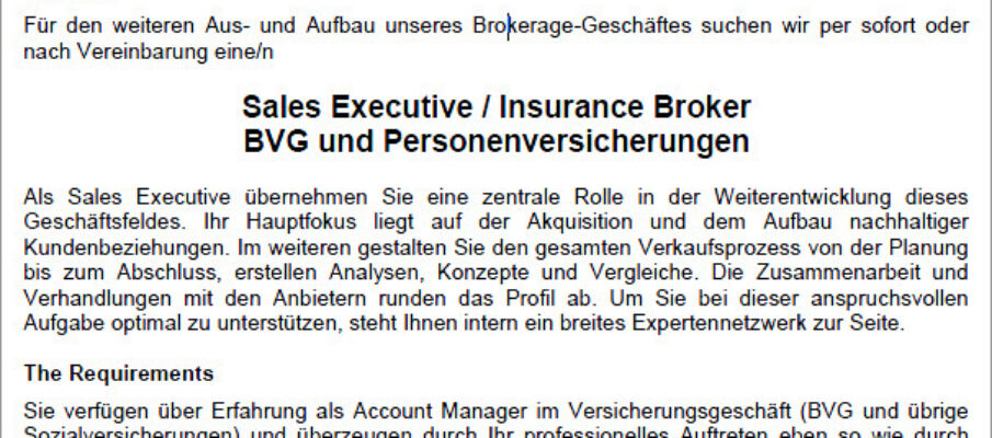 Sales Executive / Insurance Broker BVG und Personenversicherungen